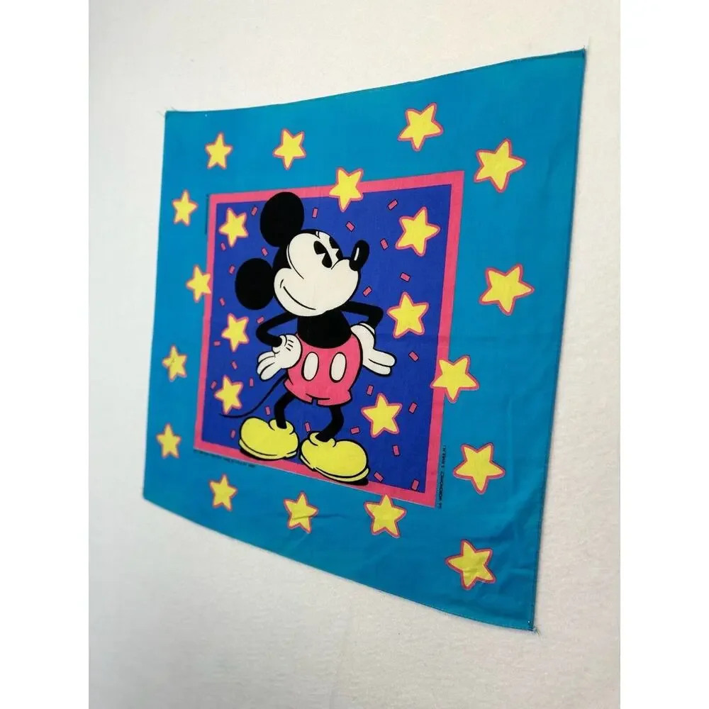 VTG 80s Disney Mickey Mouse Star Handkerchief Scarf Bandana Western Cartoon Blue